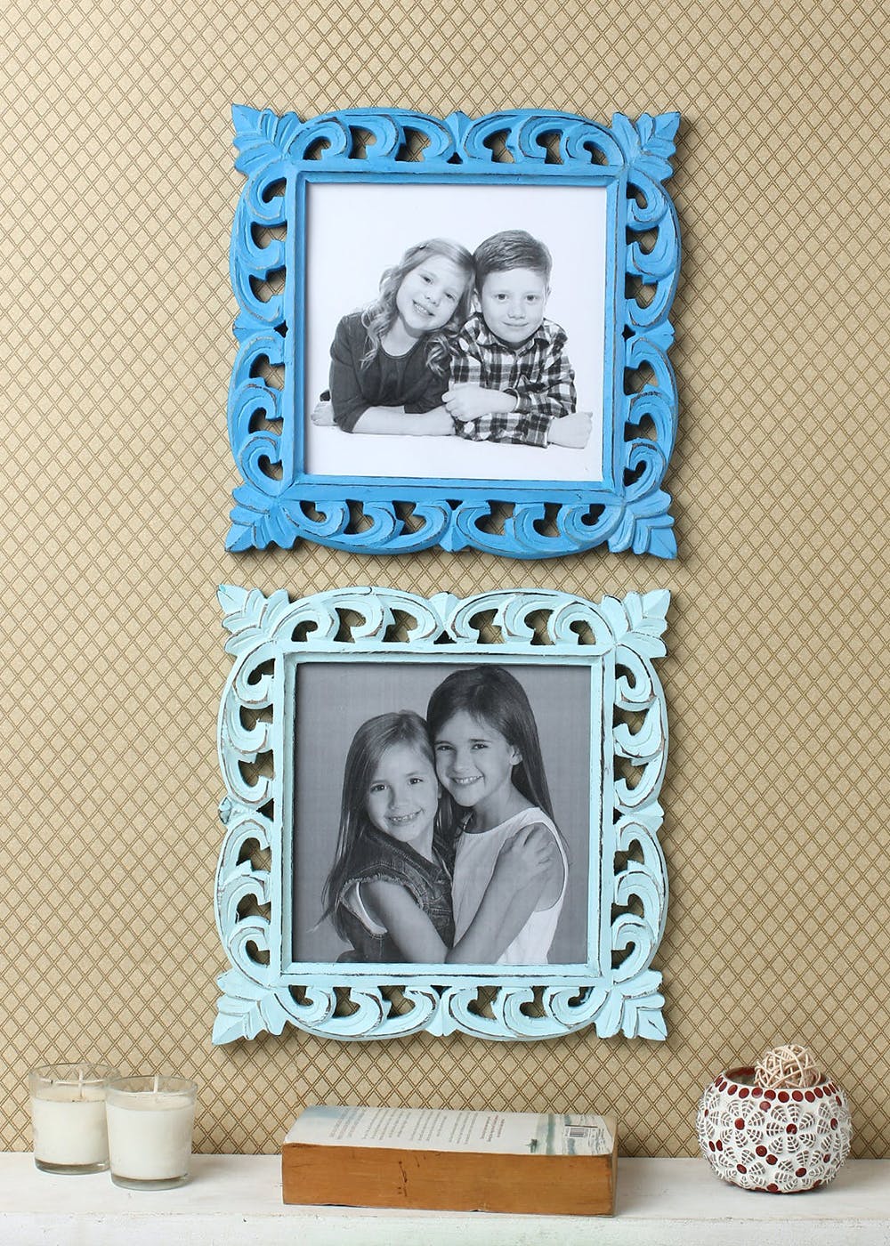 Vintage Set of 2  Decorative Wooden  Photo Frame Antique Finish (Light Blue, Dark Blue) ( Photo size 5*5  )