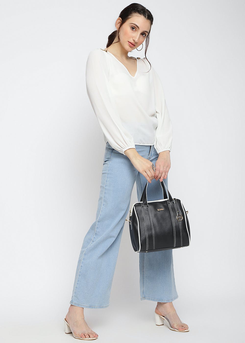 Solid Color Pu Leather Satchel Handbag - Black