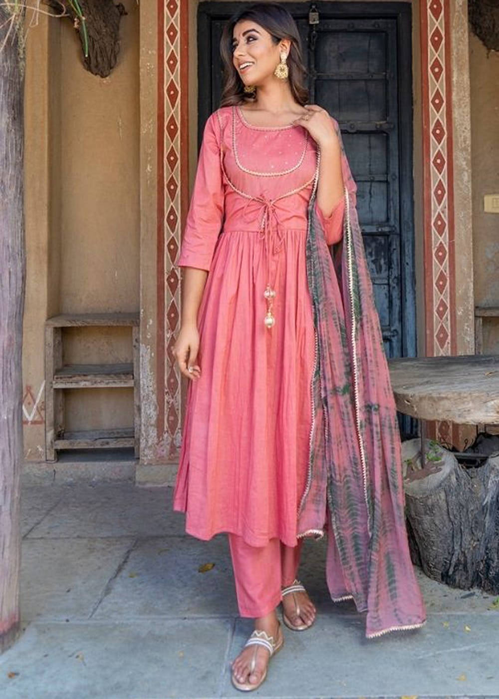 Get Dusty Rust Sequence Kurta, Pants 
