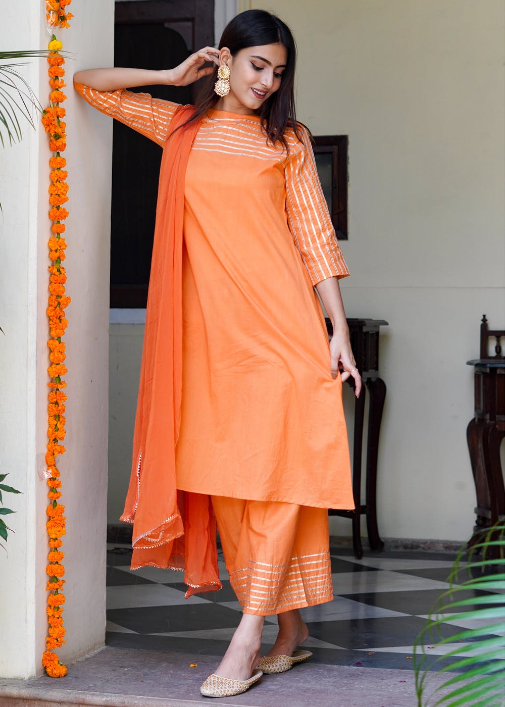 Rust Embroidered Pure Cotton Kurti Pant Set With Dupatta