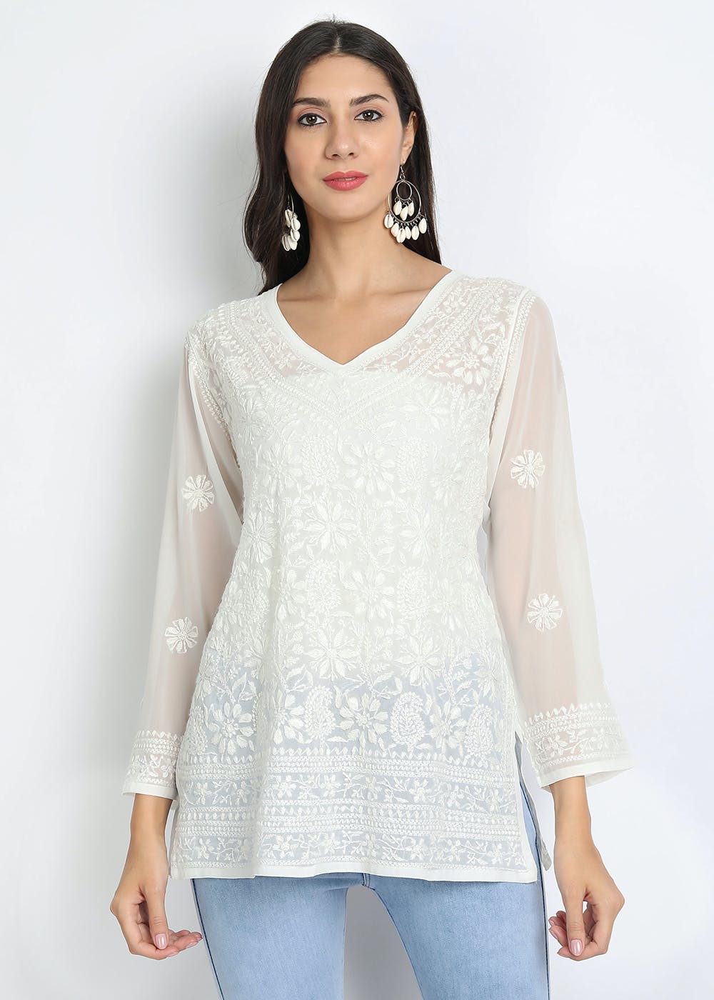 Get Chikankari Embroidered White Georgette Kurti at ₹ 1249 | LBB Shop