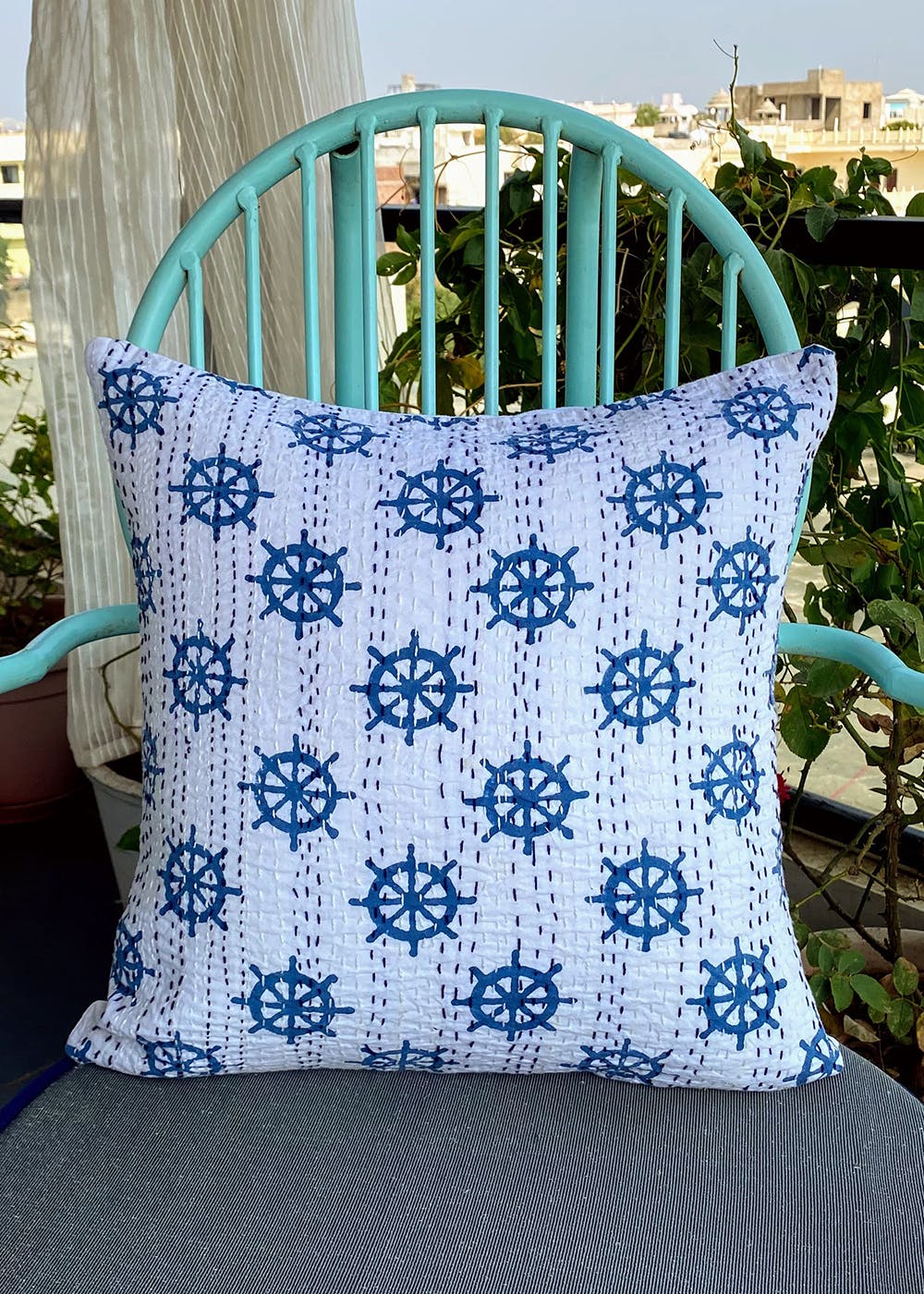 Dark Blue Wheel Handblock Kantha Stitch Cushion Cover
