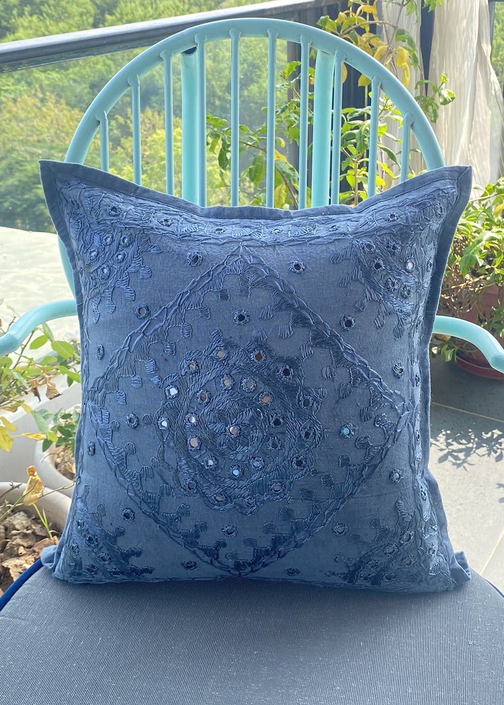 Mirror Work Embroidered Cushion Cover - Grey