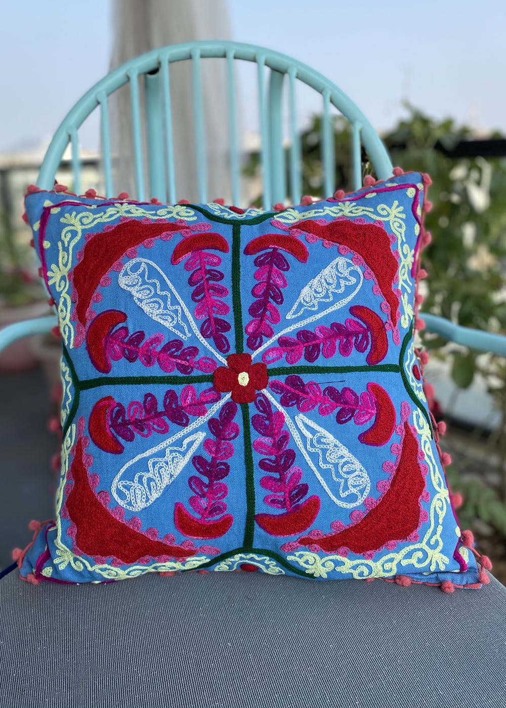 Red - Wool Thread Crewel Hand Embroidery Cushion Cover (18 x 18 in) 13