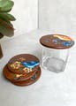 Tableware,Food,Dishware,Wood,Serveware,Art,Circle,Electric blue,Fashion accessory,Glass