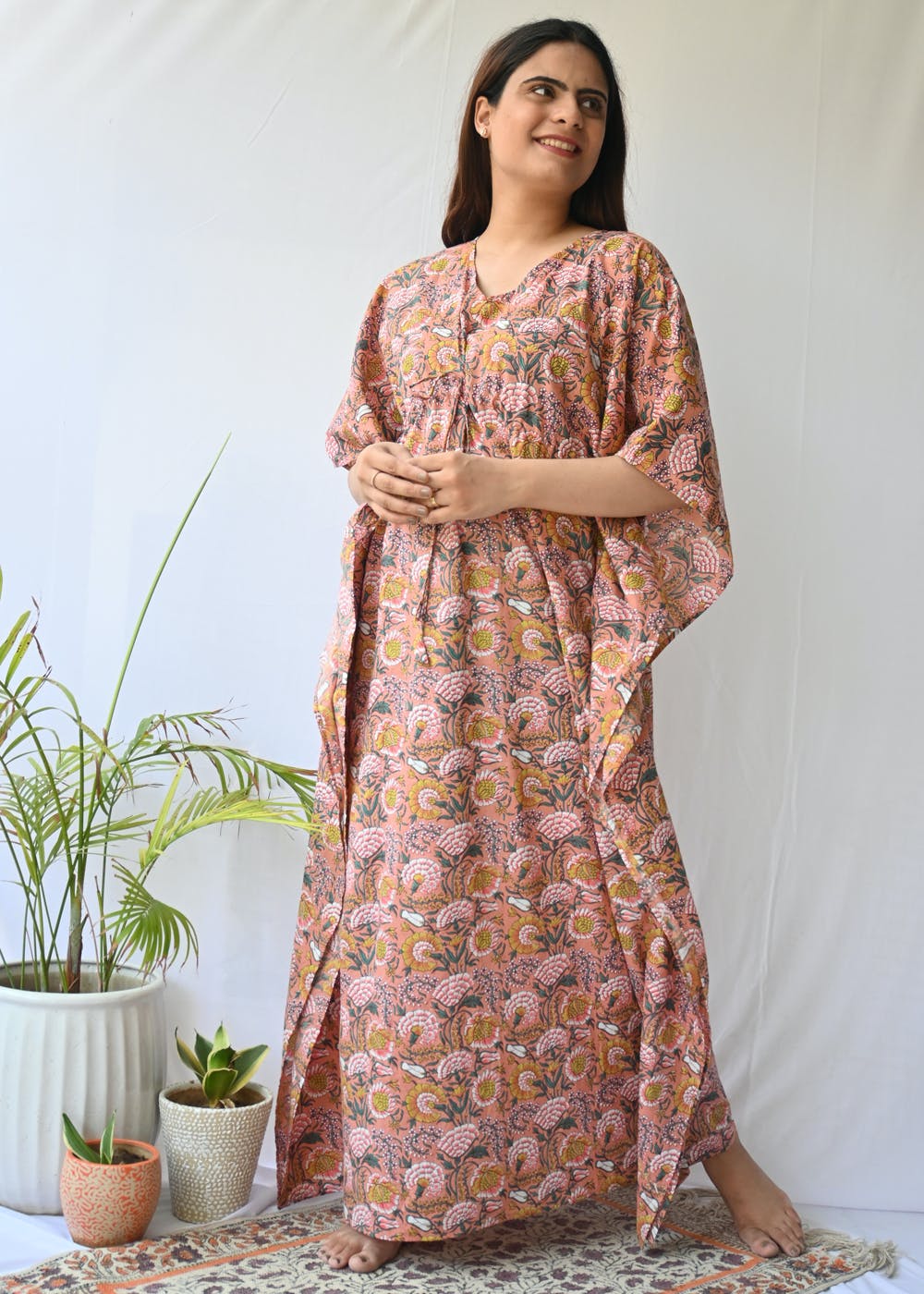 Get Jaipuri Floral Jal Printed Peach Kaftan- Freesize at ₹ 1099 | LBB Shop