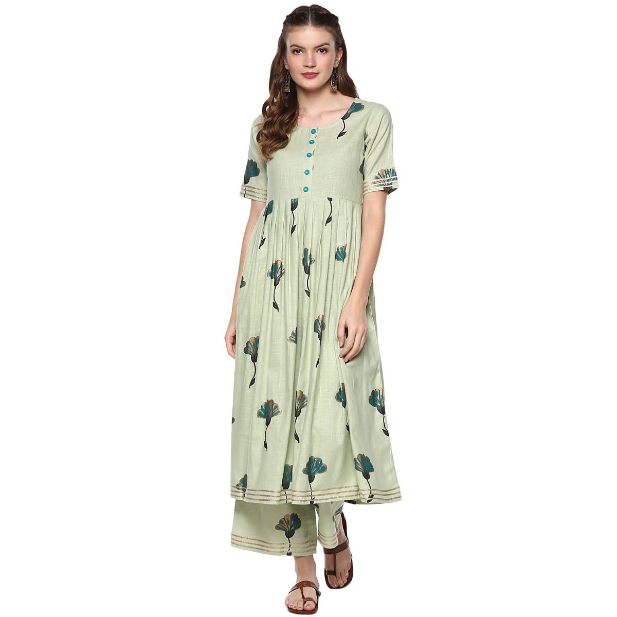 Get Sage Green Flower Print Kurta Palazzo Set at ₹ 1749 | LBB Shop