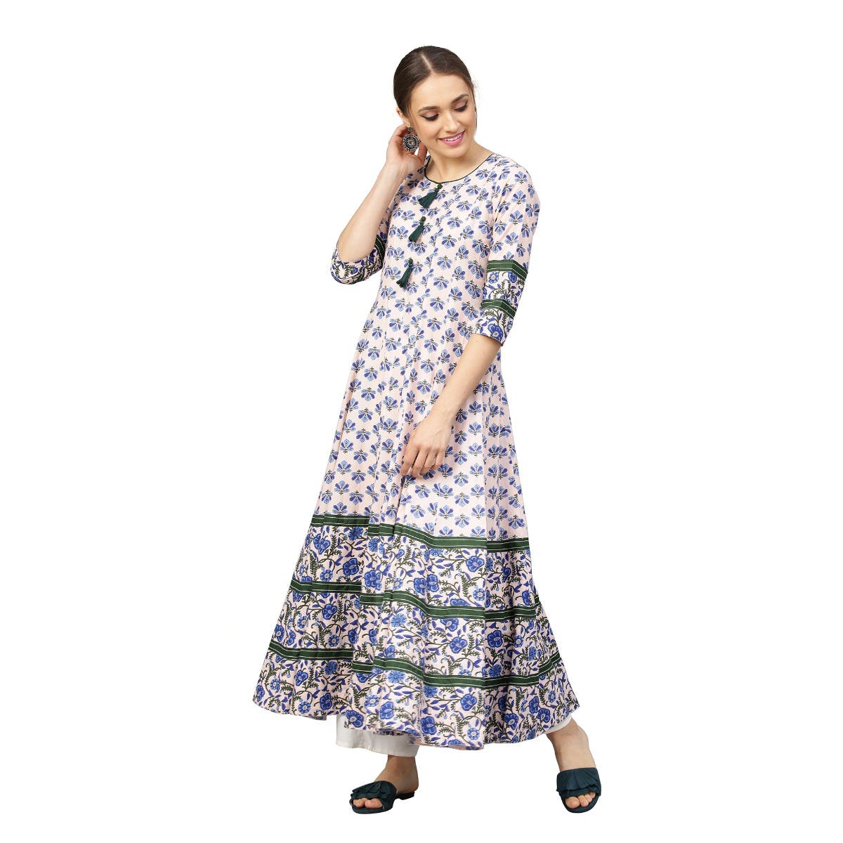 Blue Printed Flared Cotton Dress main image 0
