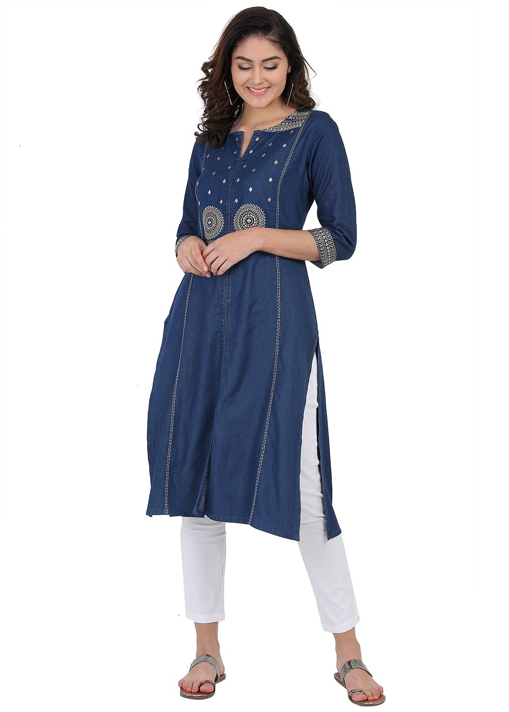Get Notch Neck Embroidered Denim Kurta at ₹ 1299 LBB Shop