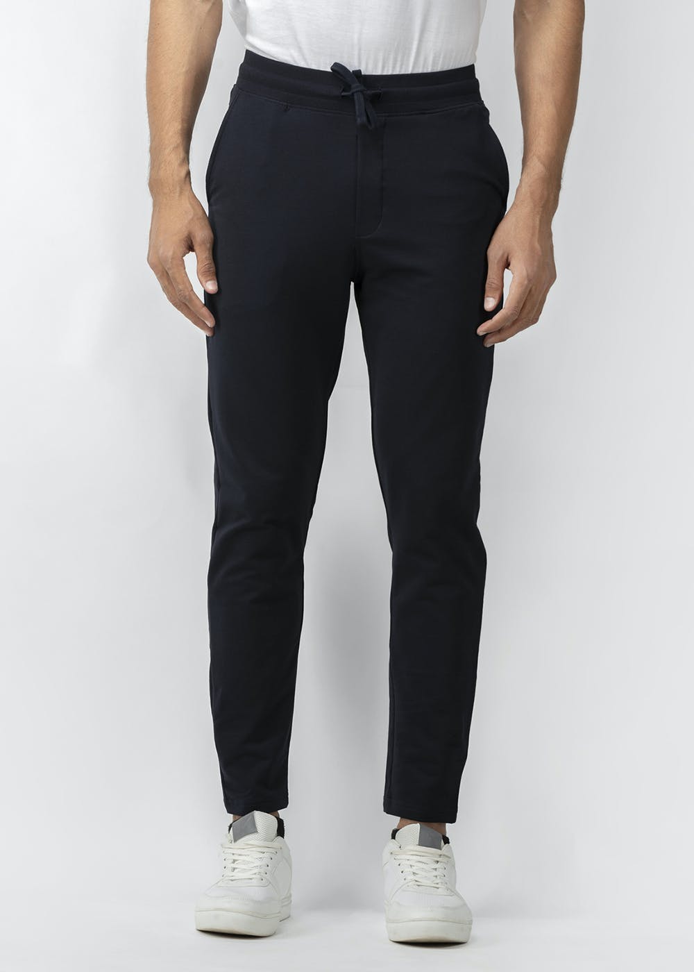 Elasticated Drawstring Waist Detail Solid Straight Joggers - Navy