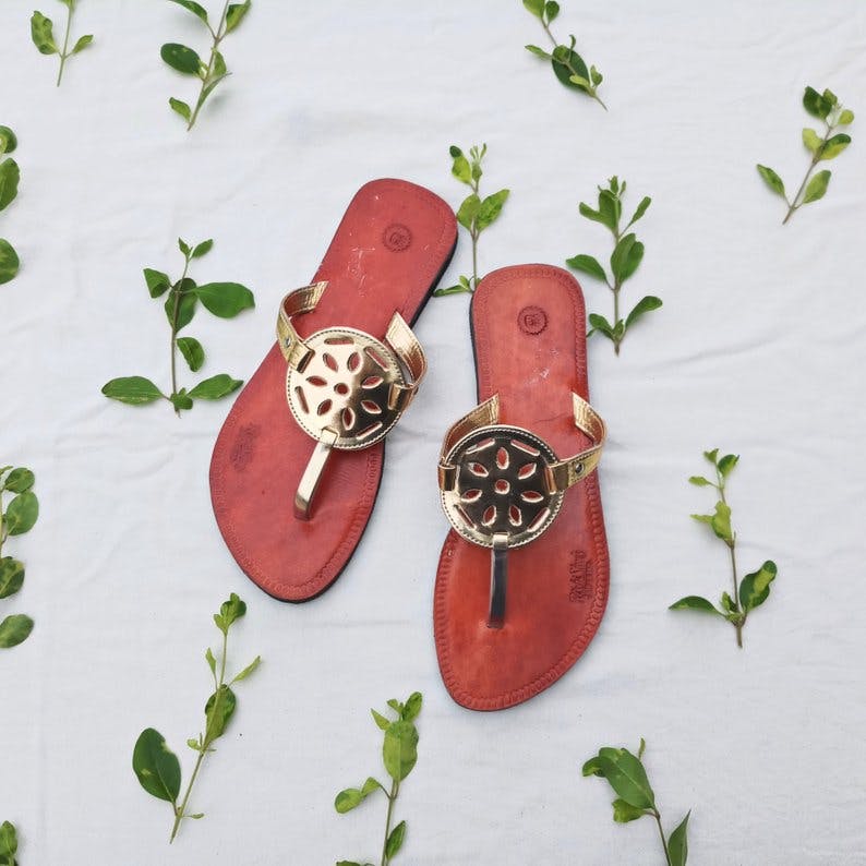 Handcrafted Floral Cut-Out Leather Flats - Golden