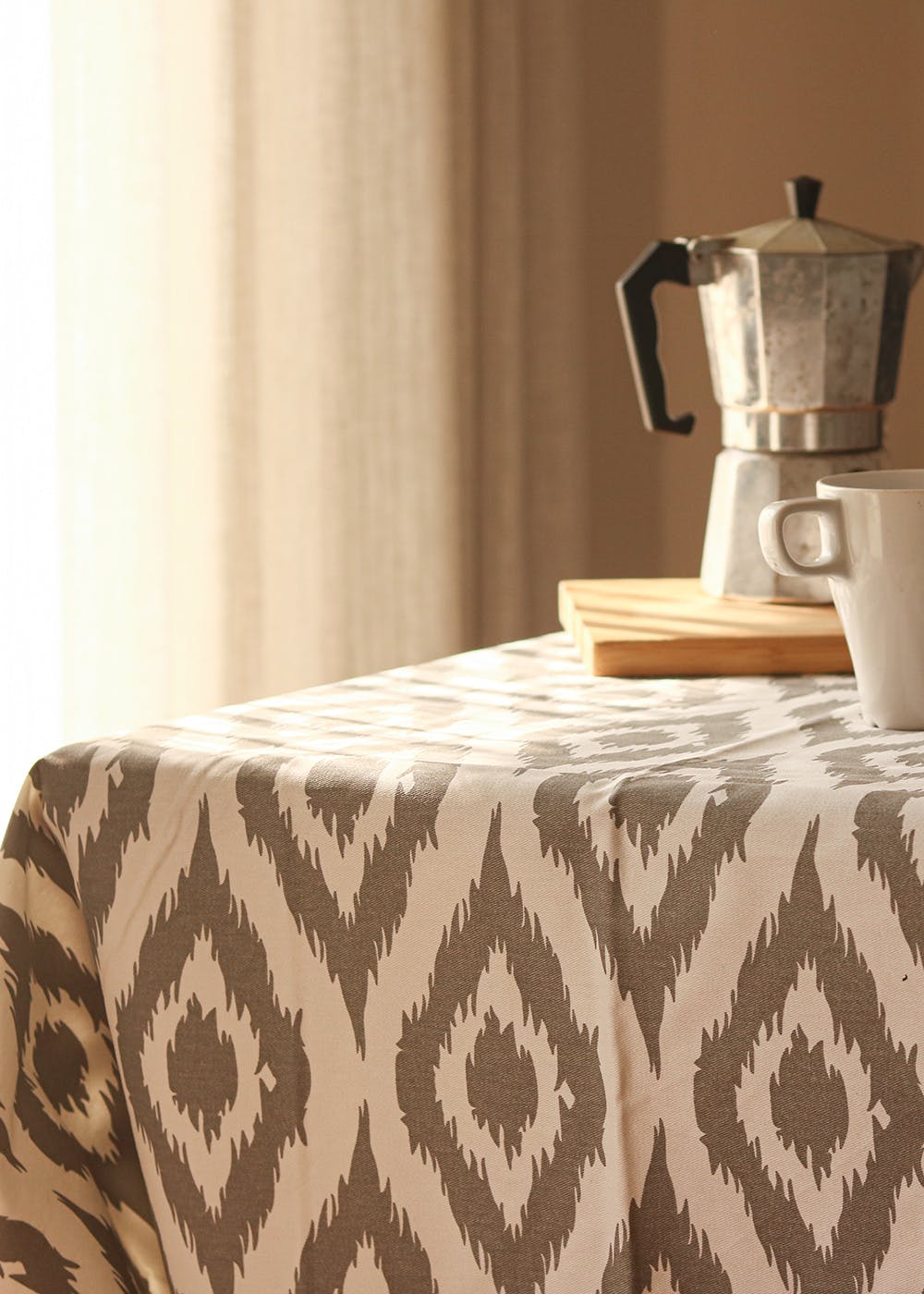 Get Ikat Grey, Wipeable And AntiSlip Cotton Table Covers 8 Seater