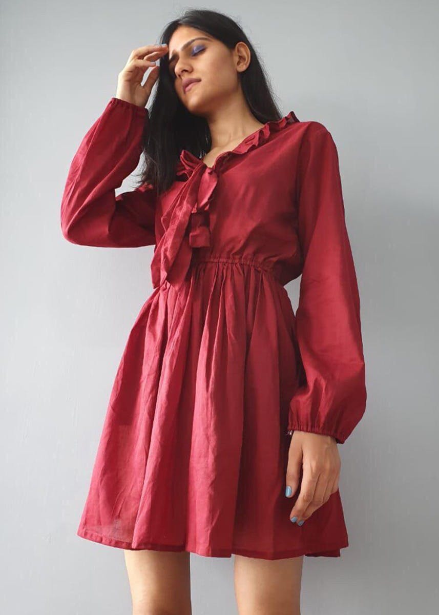 Ruffle Detail Waist Yoke Solid Dress
