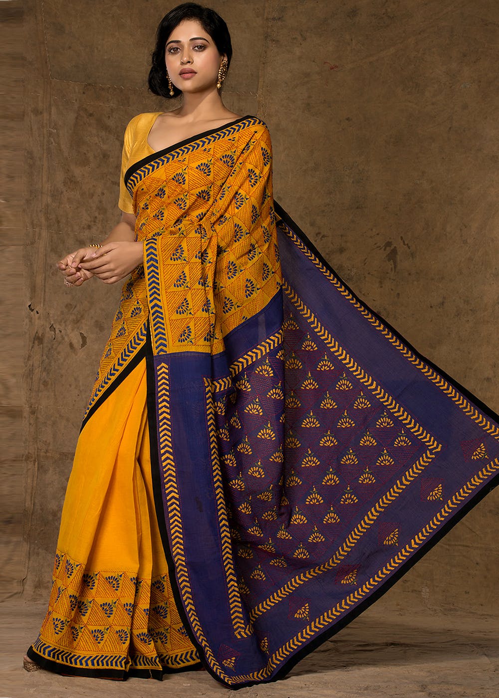 Get Amber Yellow Kantha Embroidered Bangladeshi Cotton Saree at ₹ 5385 |  LBB Shop
