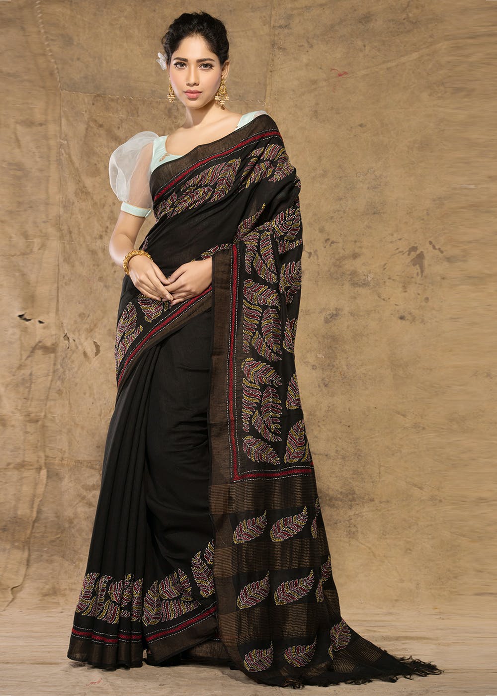 Get Tussar Bafta Silk Black Kantha Embroidered Saree at ₹ 8850 | LBB Shop