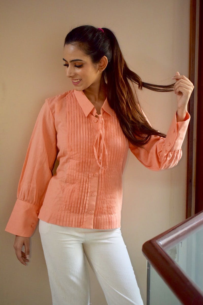 Linen Peach Pleated Front Tie-Up Shirt