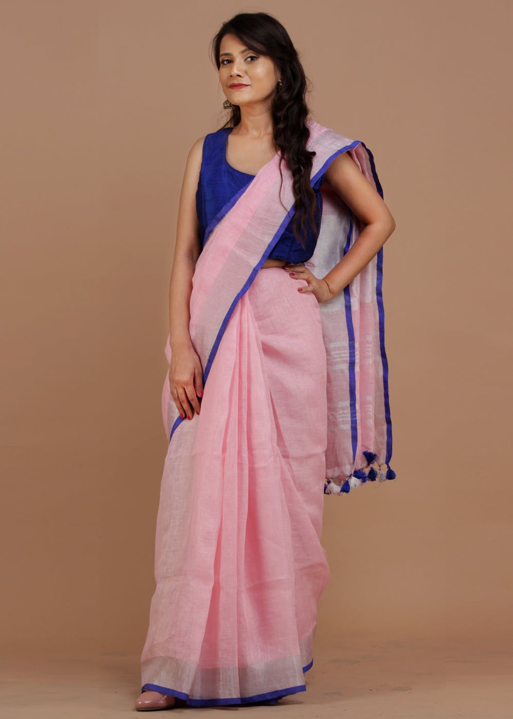 Contrast Trim & Tassel Detail Solid Cotton Linen Saree - Pink