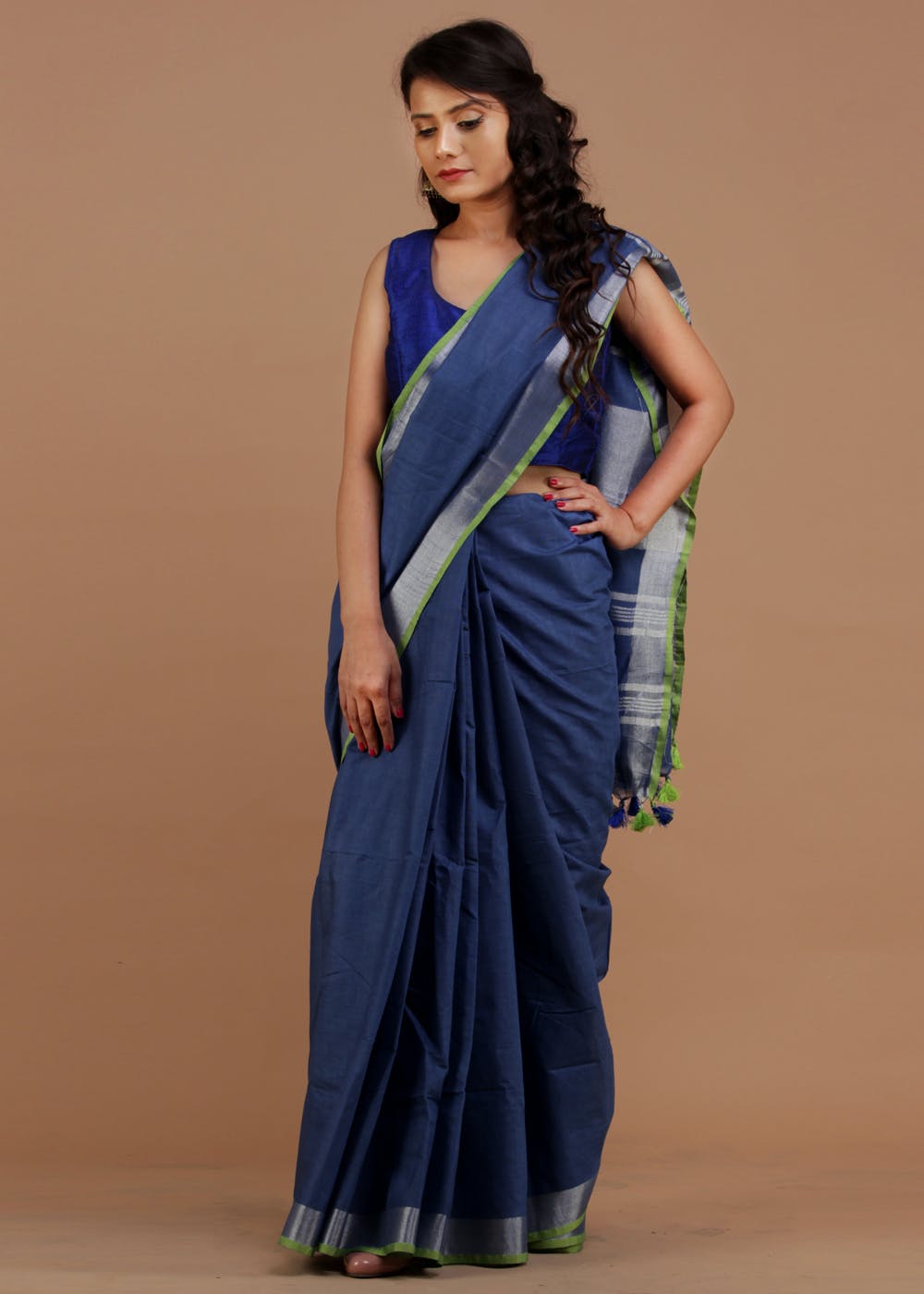 Contrast Trim & Tassel Detail Solid Cotton Linen Saree - Blue