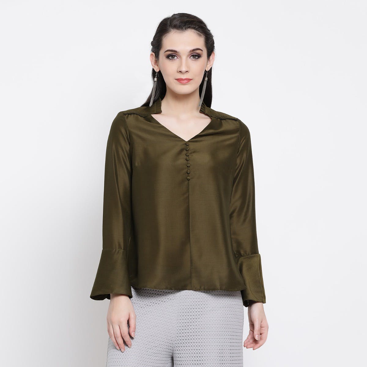 Frill Long Sleeves Top - Olive Green