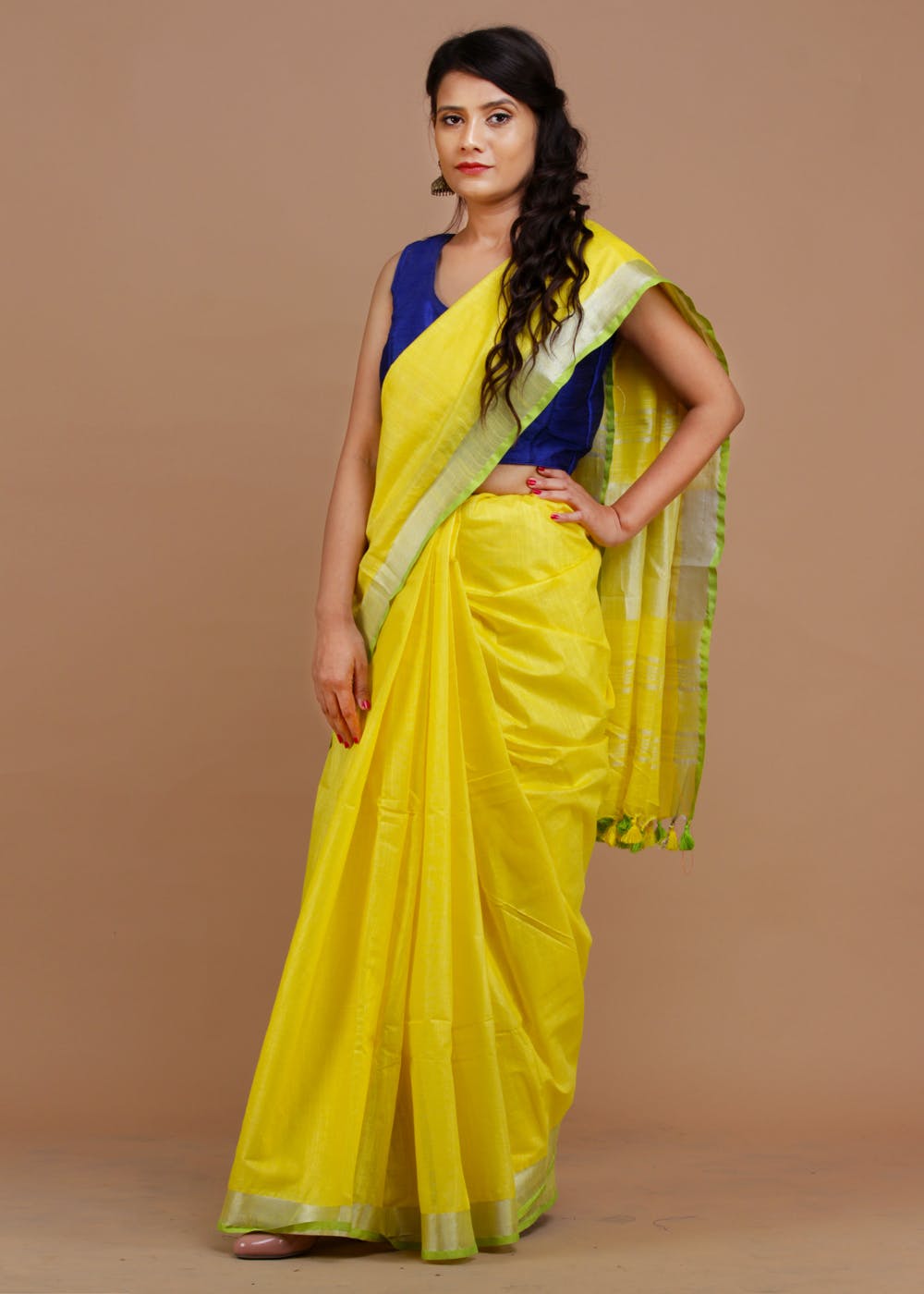 Solid Basic Cotton linen Saree With Zari Border - Yellow