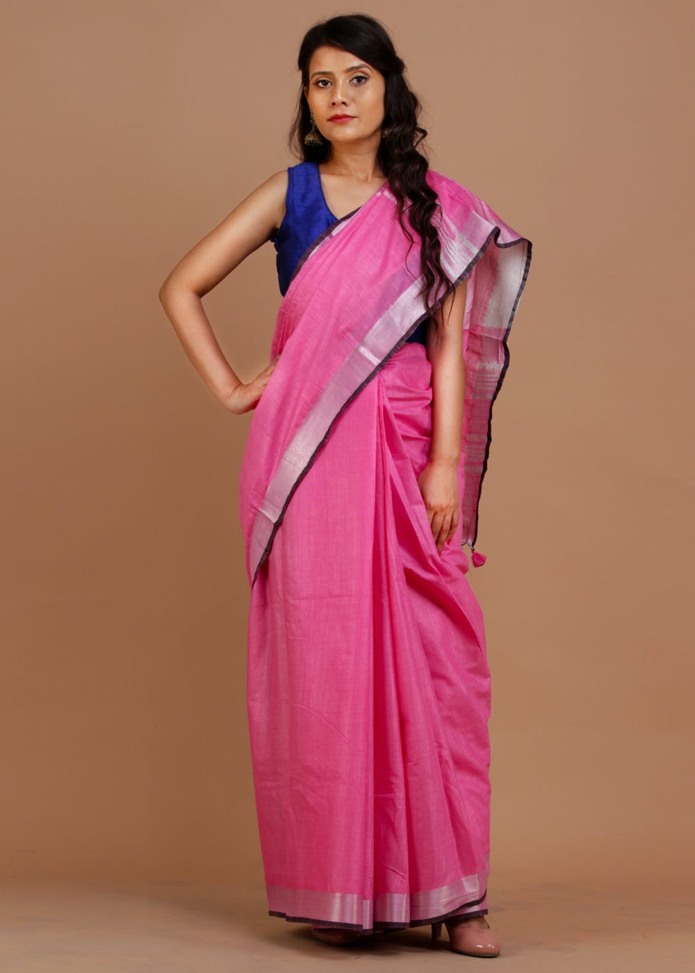 Solid Basic Cotton linen Saree With Zari Border - Pink