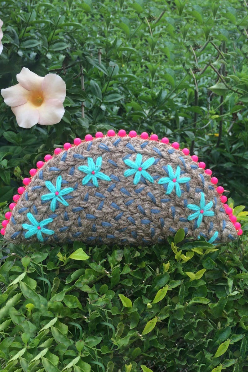 Handcrafted Flower Embroidery Beaded Half-Moon Clutch - Blue