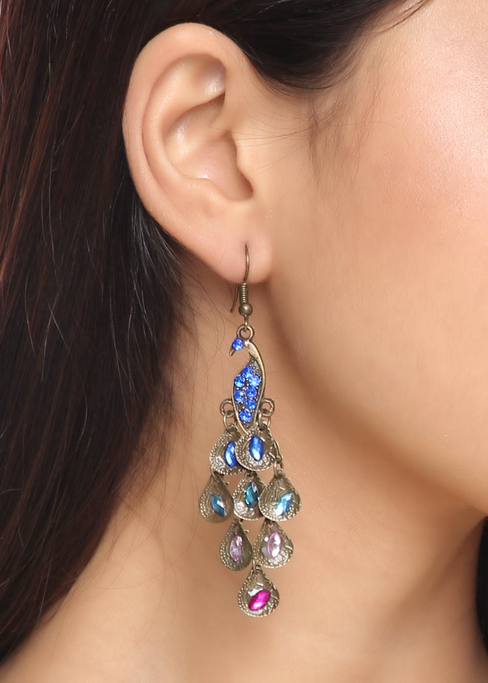 Peacock Dark Blue Crystals Layered Earrings