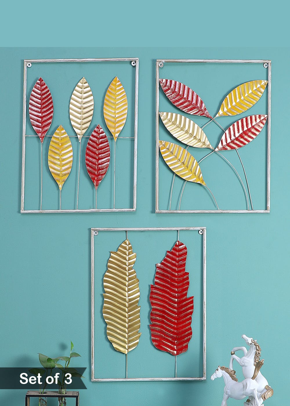 Get Red, Yellow And Gold Rectangular Leaves Wall Decor - Set of 3 at ...