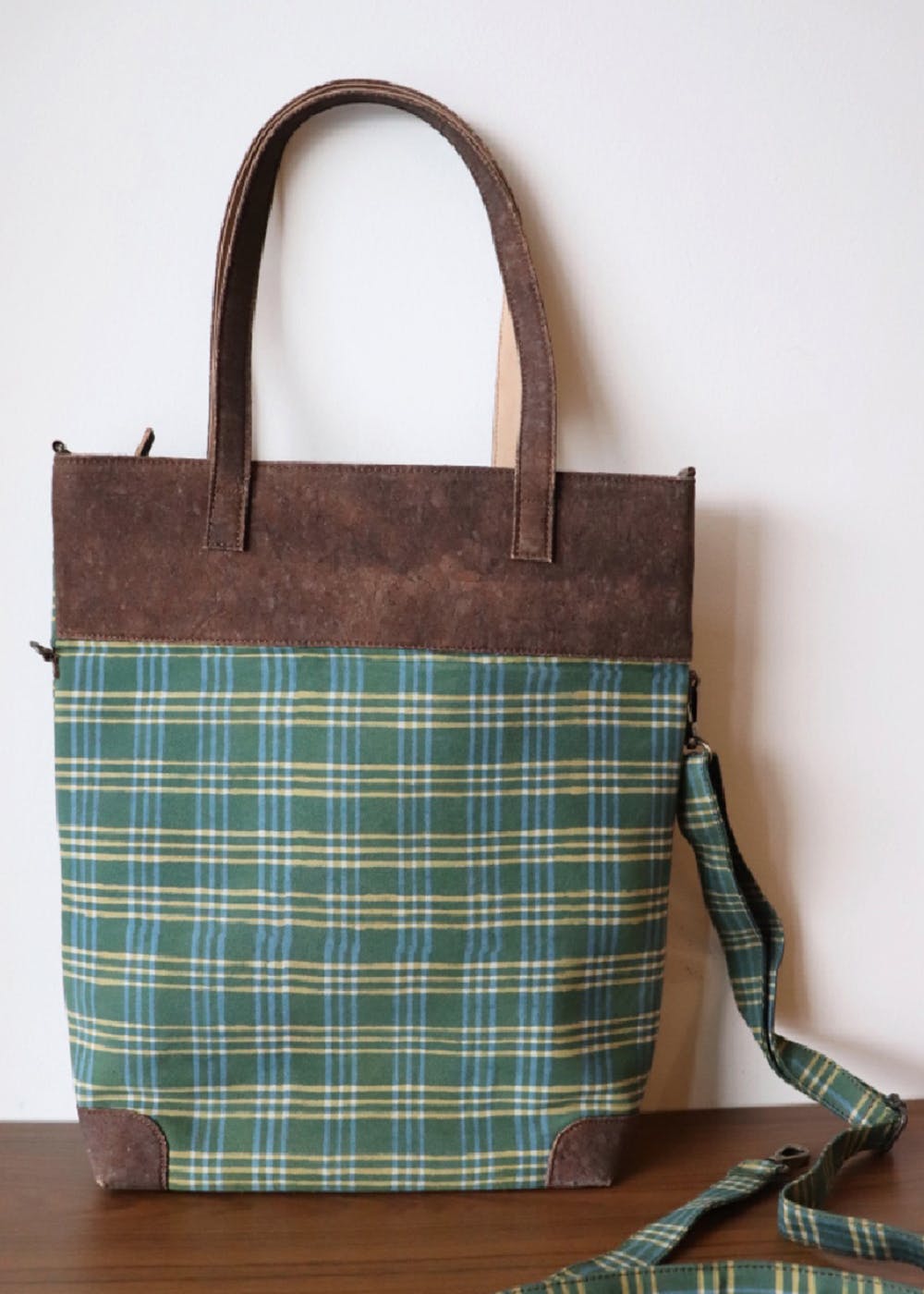 Green Check Dabu Printed And Cork Leather Tote Cum Sling