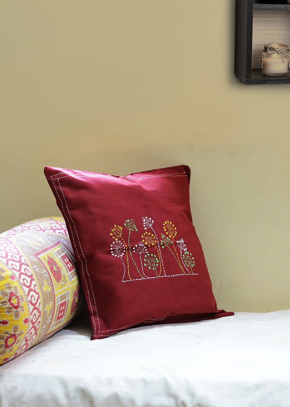 Get Maroon Floral Cotton Hand Kantha Cushion Cover At 575 Lbb Shop