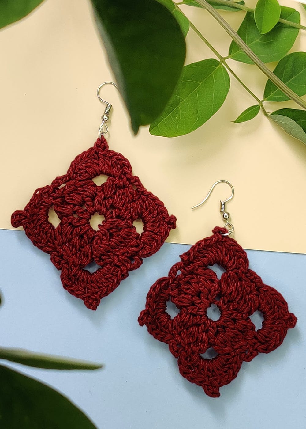 Merlot Geometric Crochet Earrings