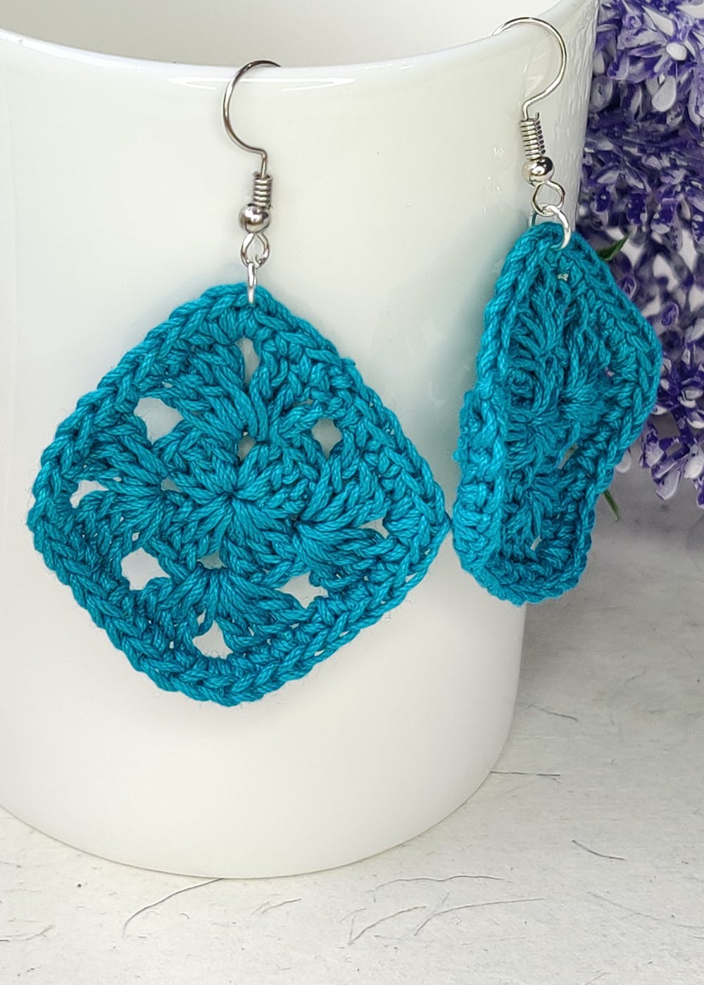 Teal Blue Crochet Geometric Earrings