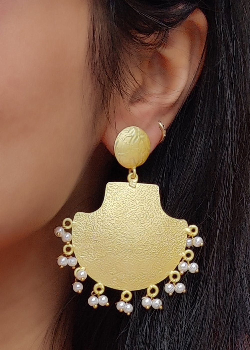 Pearl Detail Gold Textured Fan Earrings