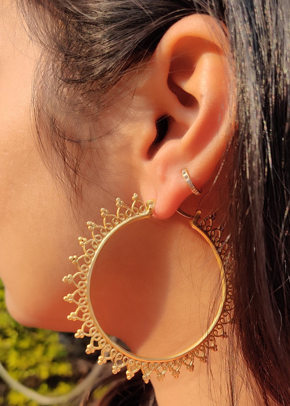 Delicate Floral Pattern Detail Gold Hoops