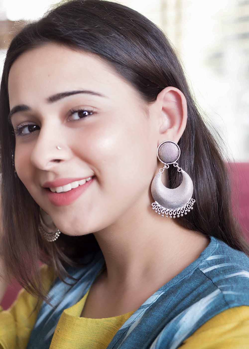 Textured Silver Chandbali Drop Earrings