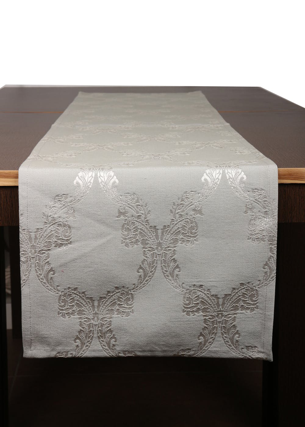 Get Cotton Jacquard Self Design Damask Silver Table Runner 4 Seater