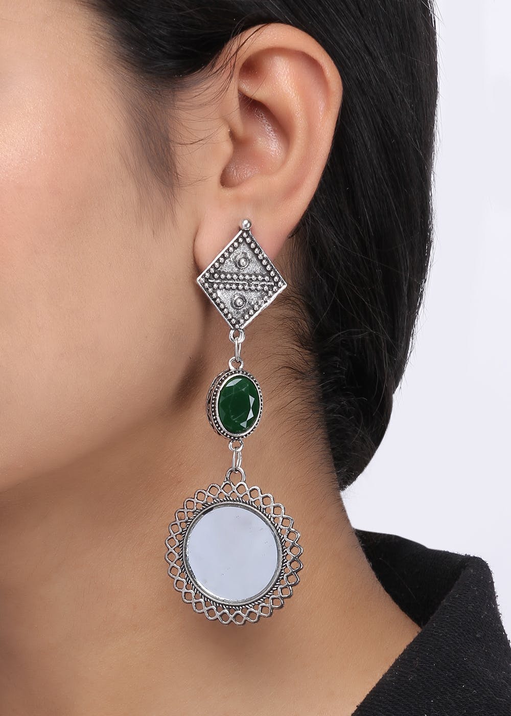 Green Stone & Mirror Embellished Drop Earrings