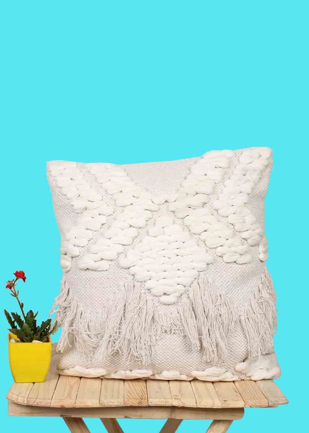 Fringe & embroidery Detail Ivory Cushion Cover