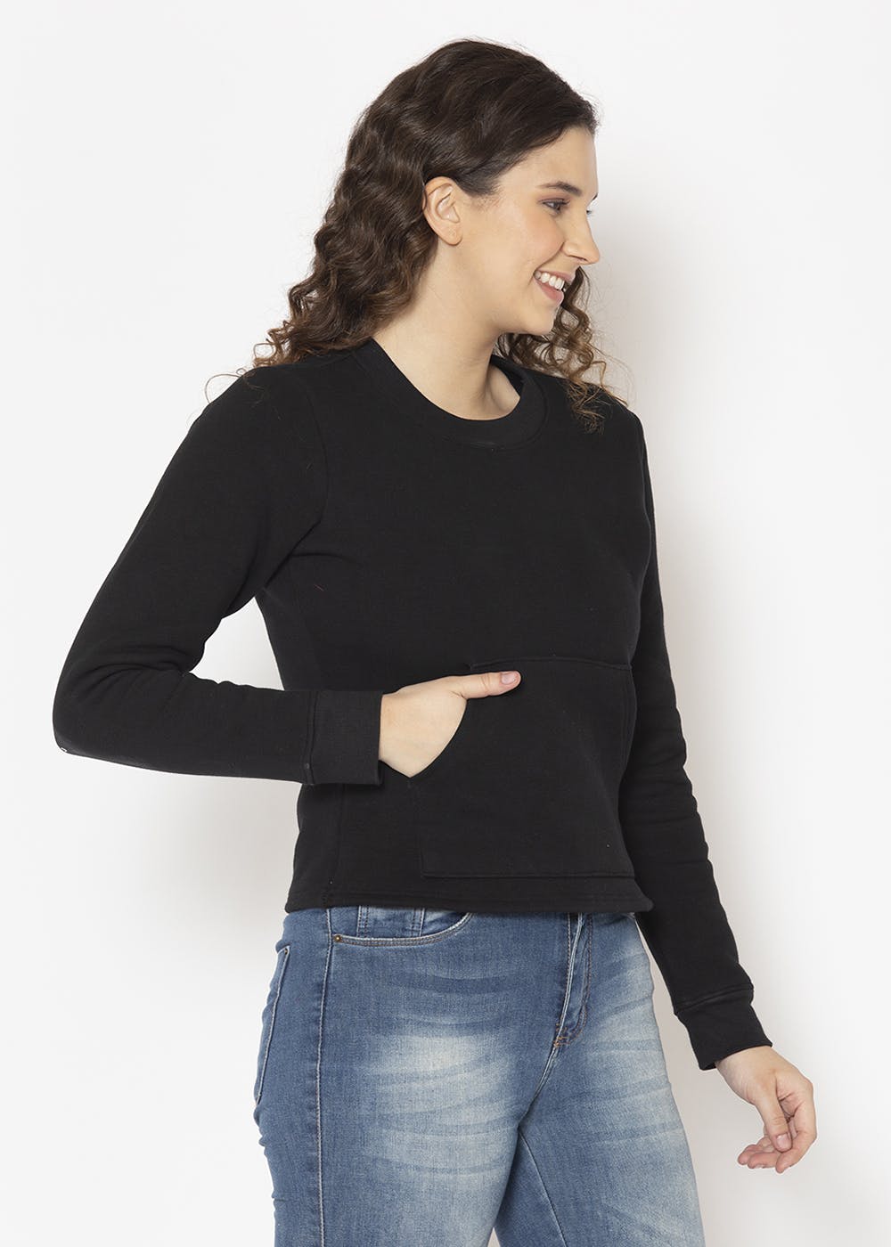 Round Neck Solid Sweatshirt - Black