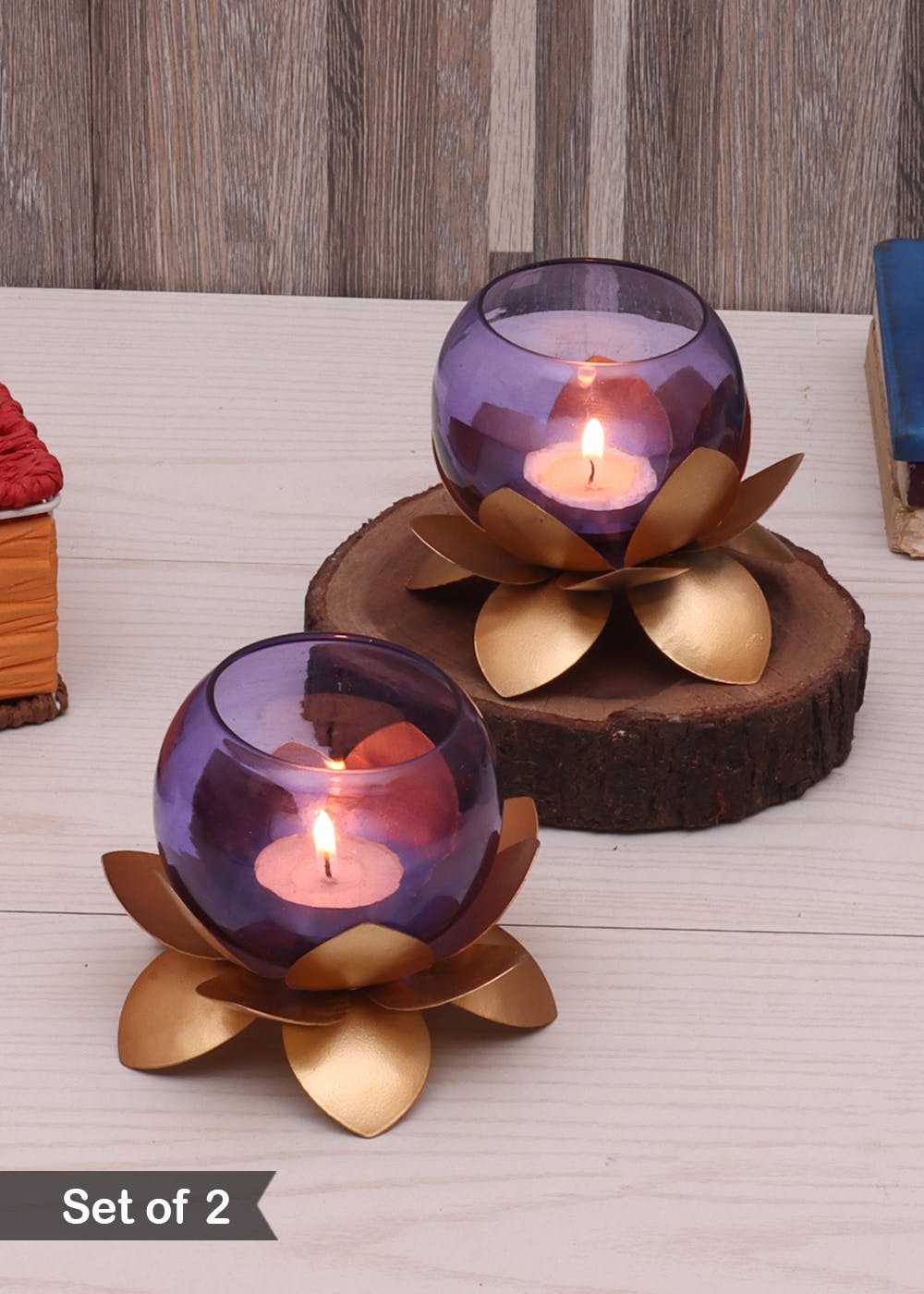 Get Purple Glass Lotus Tea Light Holder Set of 2 at ₹ 929 LBB Shop