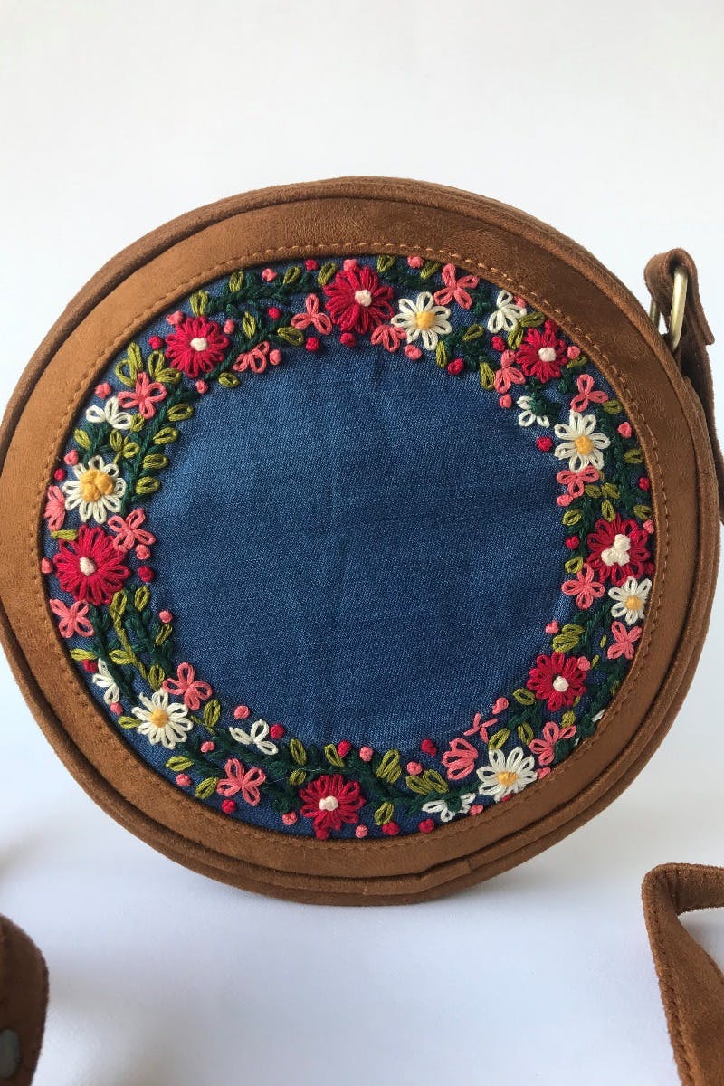 Handcrafted Floral Embroidery Suede Cross-Body   