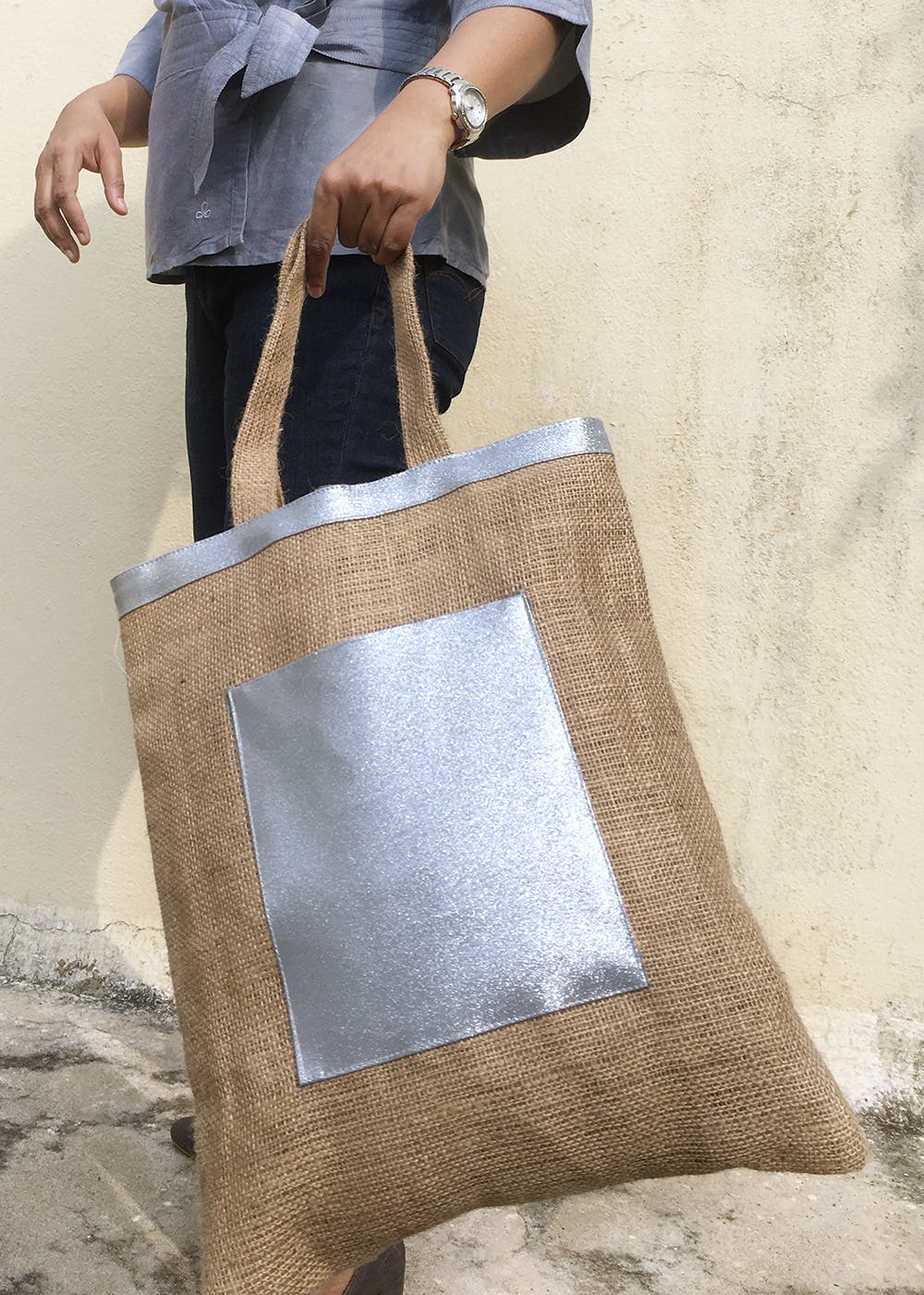 Silver Jute Bag With Pocket