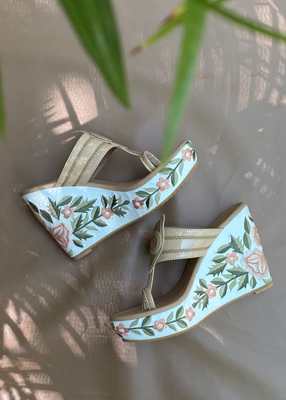 Floral Embroidered Detail Tan Wedges