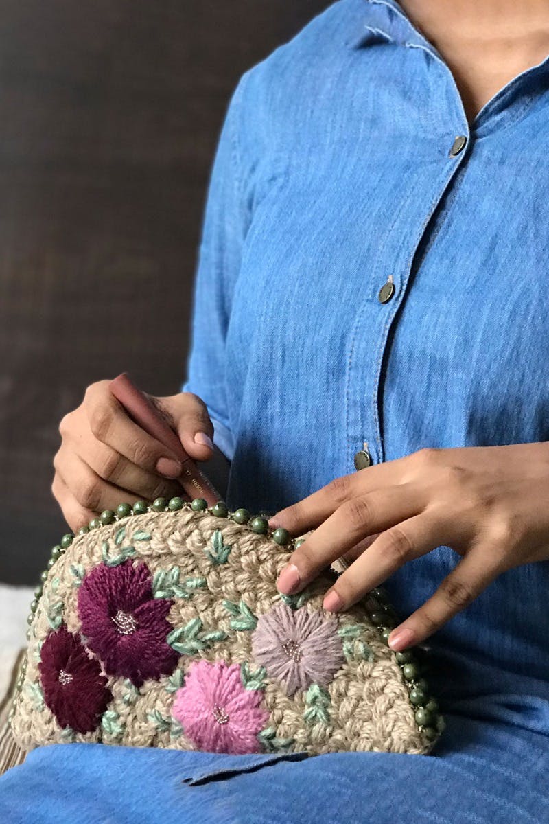 Handcrafted Floral Embroidered Beaded Jute Half Moon Clutch