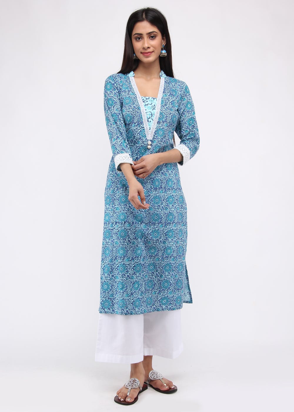 Get Ocean Blue Crochet Lace Straight Fit Kurta at ₹ 1520 | LBB Shop