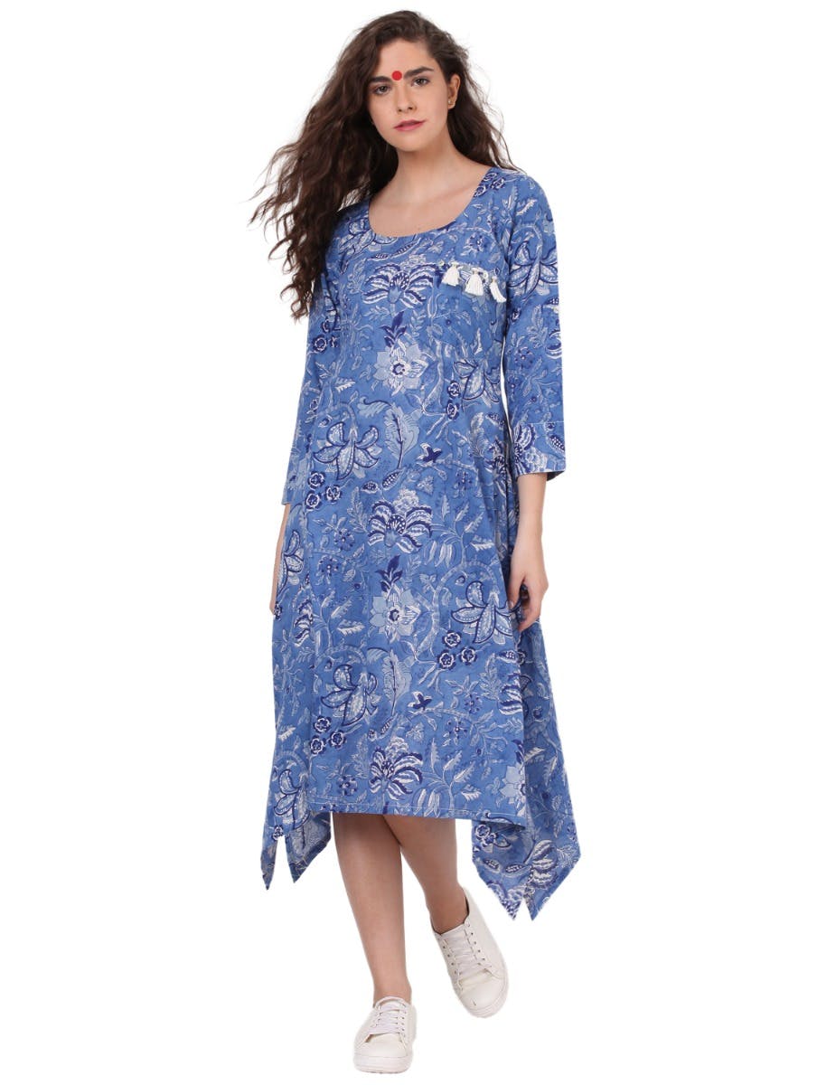 Blue Floral Bagru Asymmetric Maxi Dress