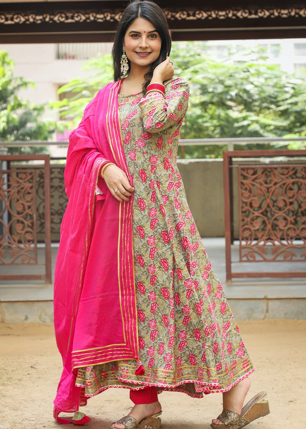 Floral Printed Anarkali Kurta With Pink Pants & Dupatta Set