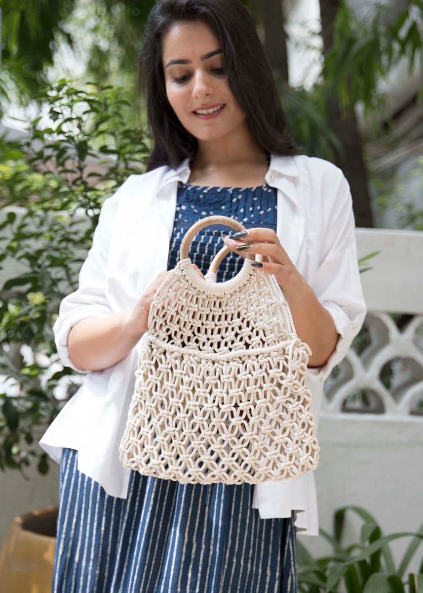 Handcrafted White Macrame Woven Bag with Solid Pouch