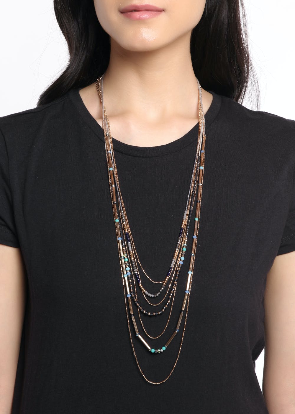 Blue & Gold Beaded Multi Layered Necklace