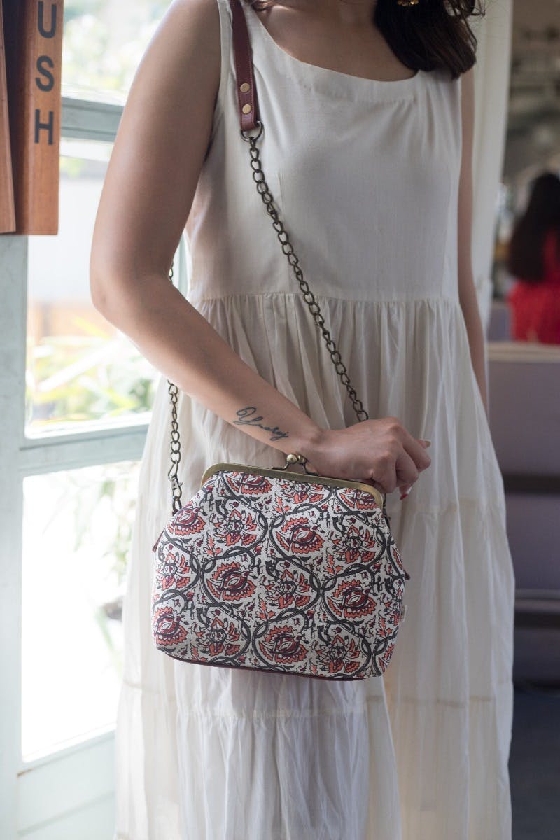 Handcrated Floral Ikat White Cross-Body